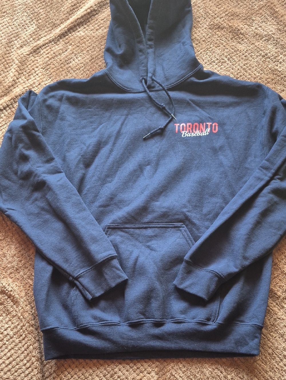 Genuine Merchandise .Blue Jay Navy Hoodie with Red Toronto Baseball Script